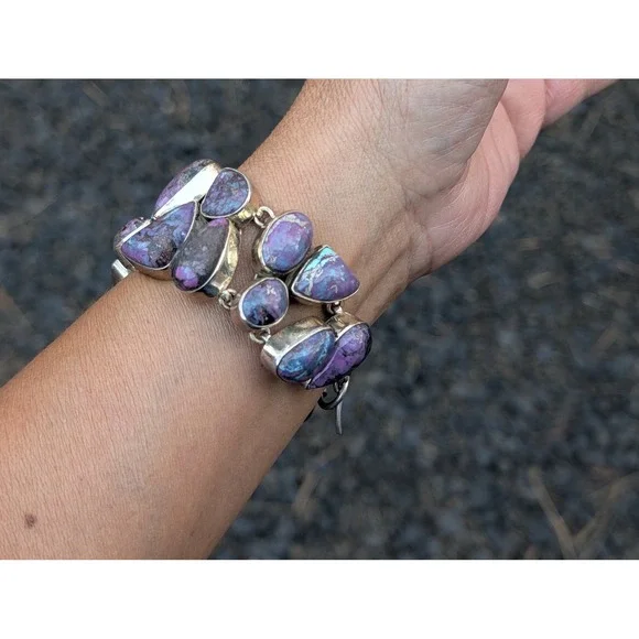 Vintage Bracelet Heavy Silver Statement Jewelry Art Deco Purp Turq sz ADJ *** - Picture 12 of 12